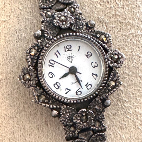 Gorgeous Art Deco Floral Marcasite Bracelet Wristwatch Japan Quartz New Battery main image 4